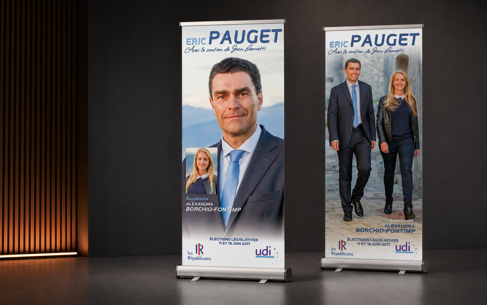 Présentation des deux roll-up de campagne réalisés pour Éric Pauget et Alexandra Borchio-Fontimp