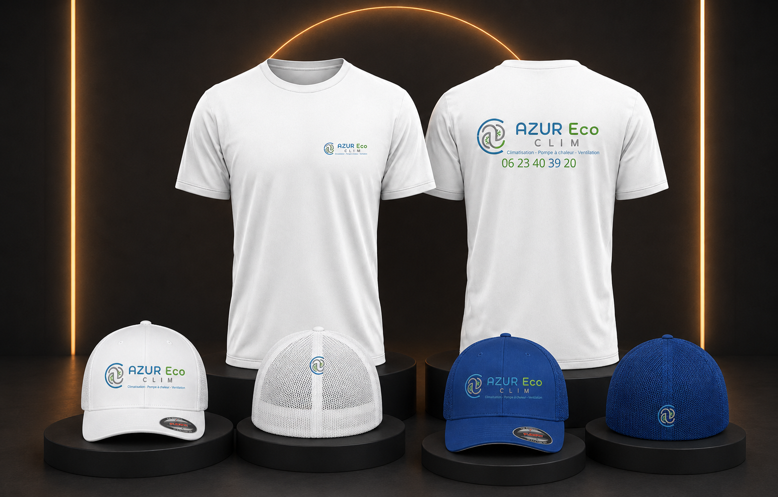 T-shirts et casquettes Azur Eco Clim réalisés par Shakass