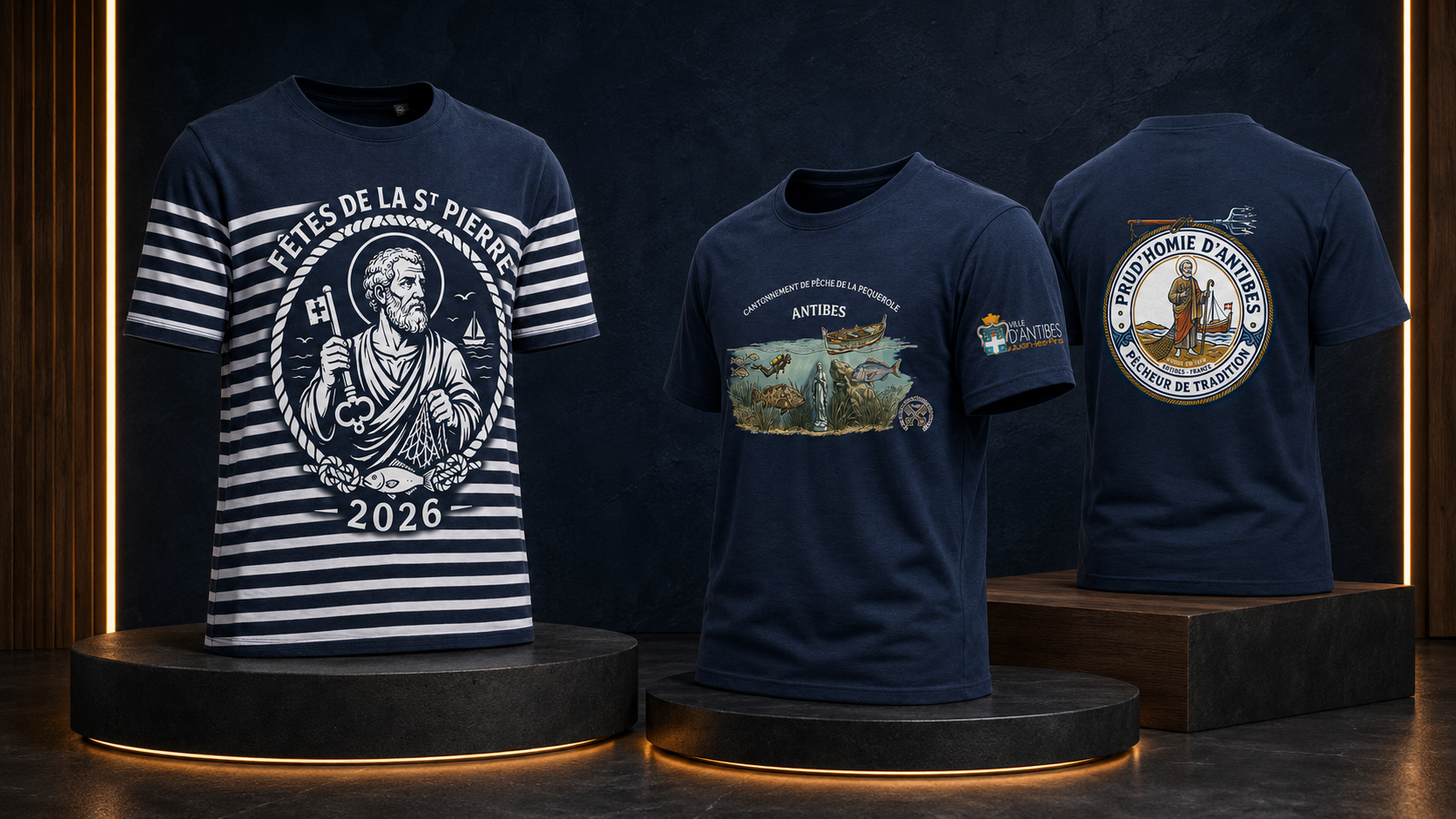 Marini&egrave;re Saint-Pierre et T-shirt Prud&rsquo;homie des p&ecirc;cheurs d&rsquo;Antibes avec logo Ville d&rsquo;Antibes sur la manche
