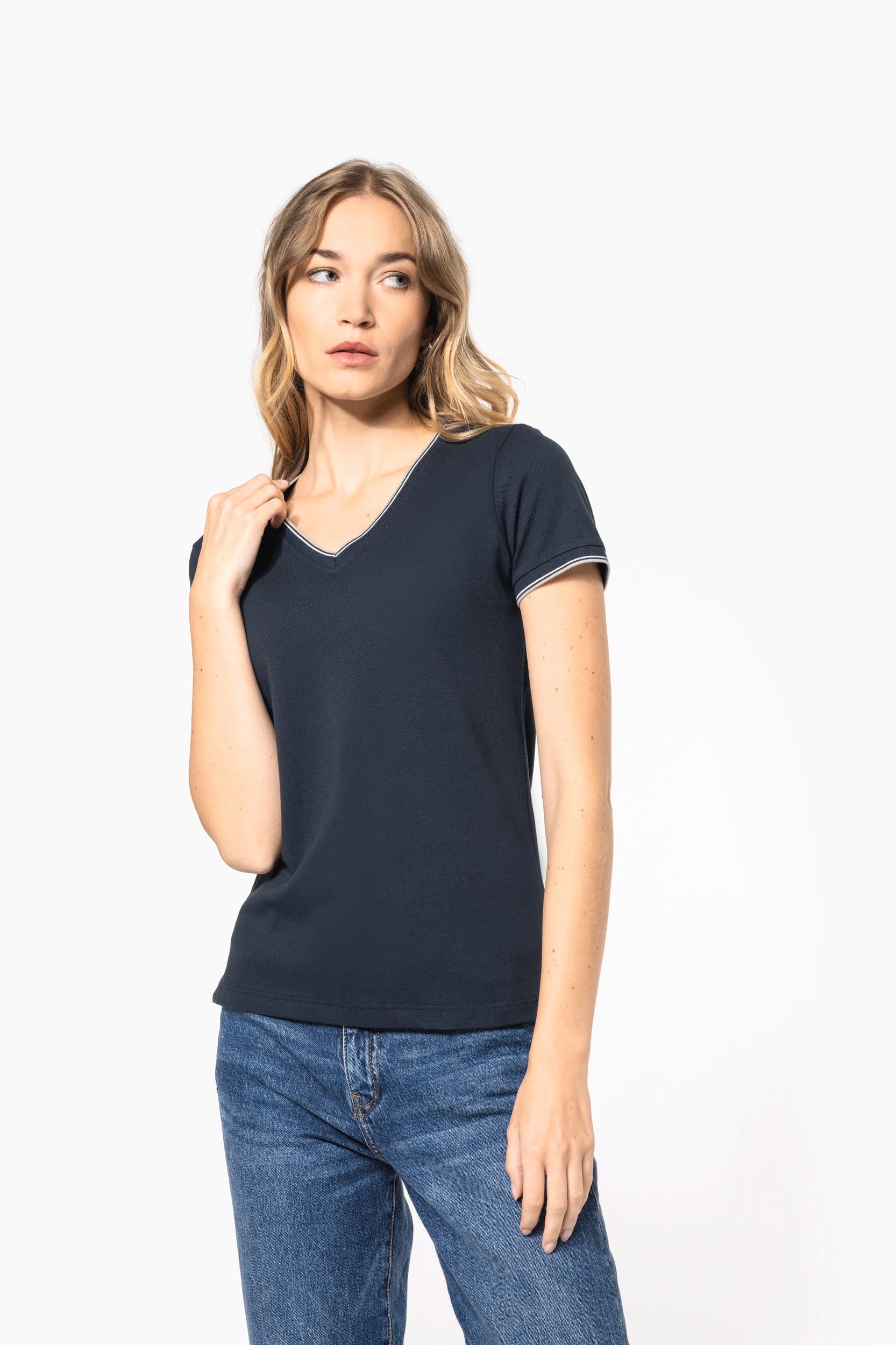 T-shirt maille piqu&eacute;e col V femme